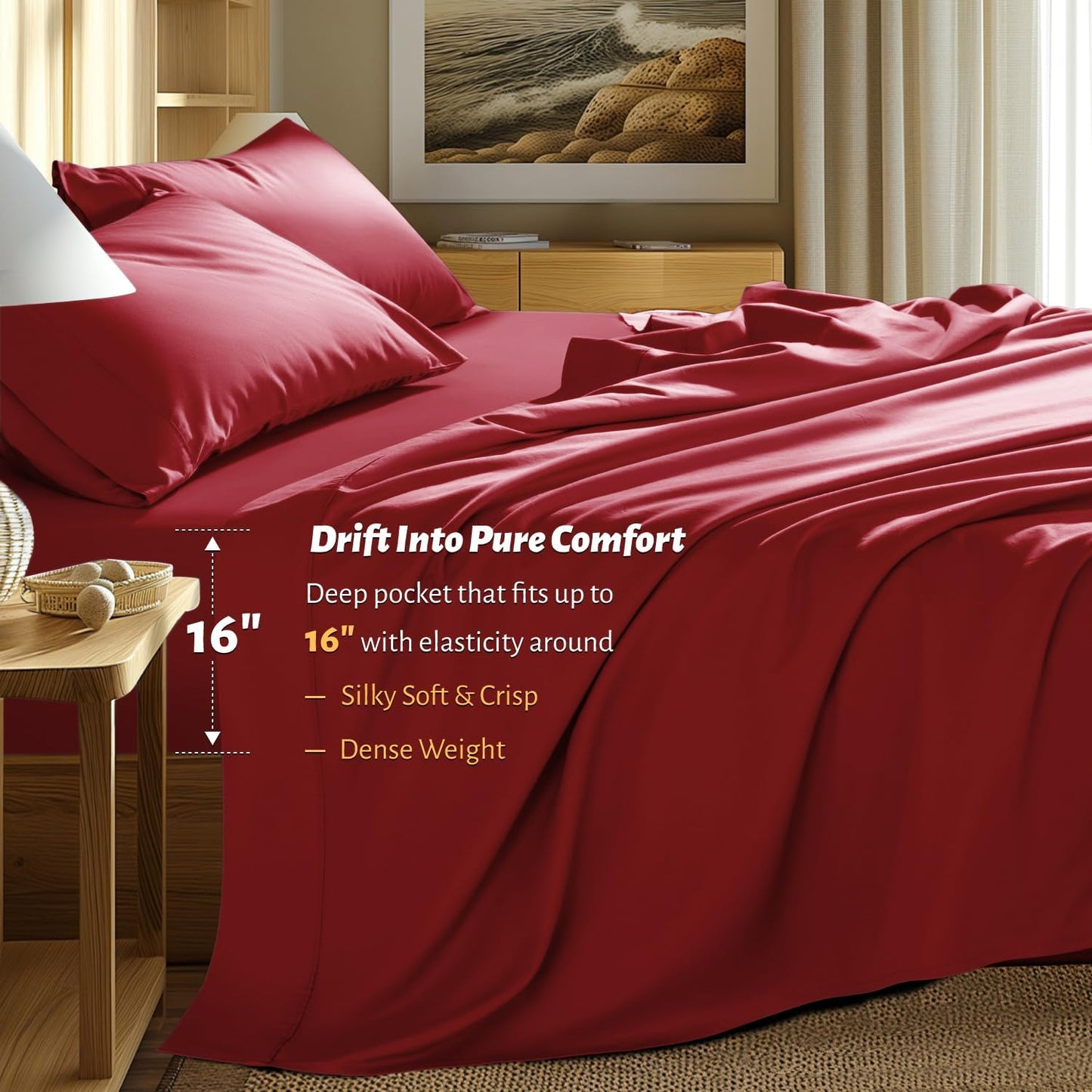 Shilucheng 100% Egyptian Cotton Sheets Set,Luxury Cotton Bed Sheets,Breathable Bedding and Pillow Cases, 16 Inch Deep Pocket - 4 Piece (Burgundy, King)