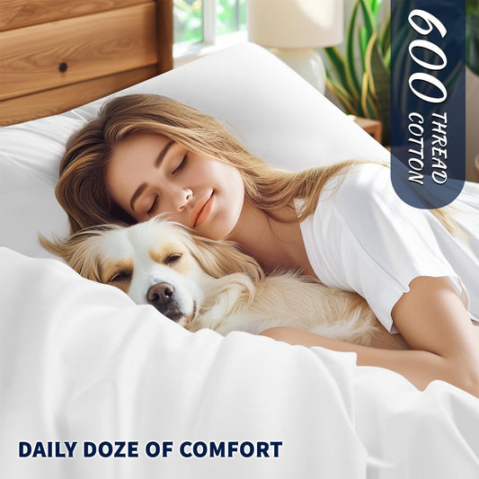 Shilucheng 100% Cotton Queen Size Sheets Set - 600 Thread Count,Luxury Egyptian Cotton Bed Sheets,5-Star Hotel Quality Sheets, Breathable & Cooling, 16 Inch Deep Pocket - 4 Piece (White, Queen)