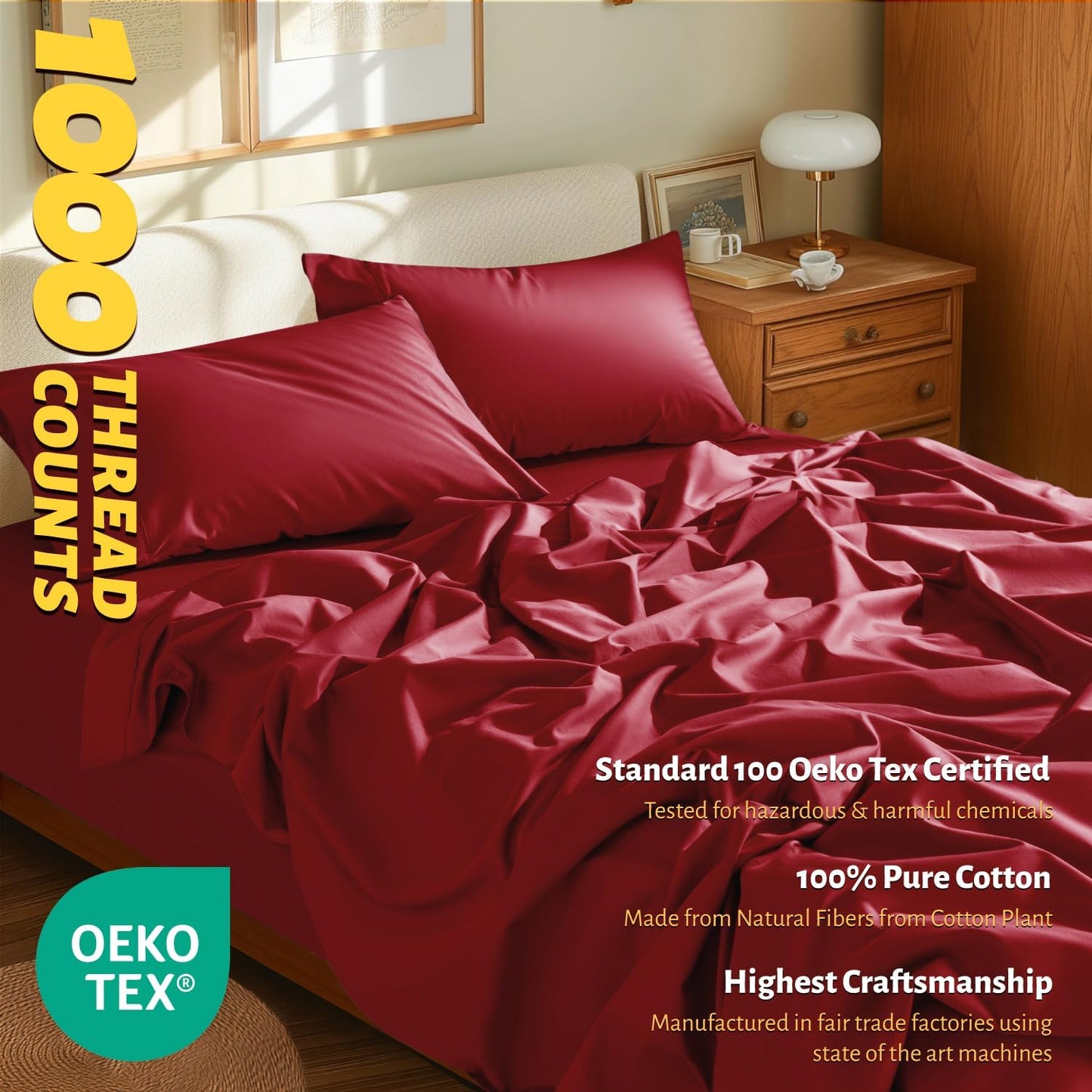 Shilucheng 100% Egyptian Cotton Sheets Set,Luxury Cotton Bed Sheets,Breathable Bedding and Pillow Cases, 16 Inch Deep Pocket - 4 Piece (Burgundy, King)