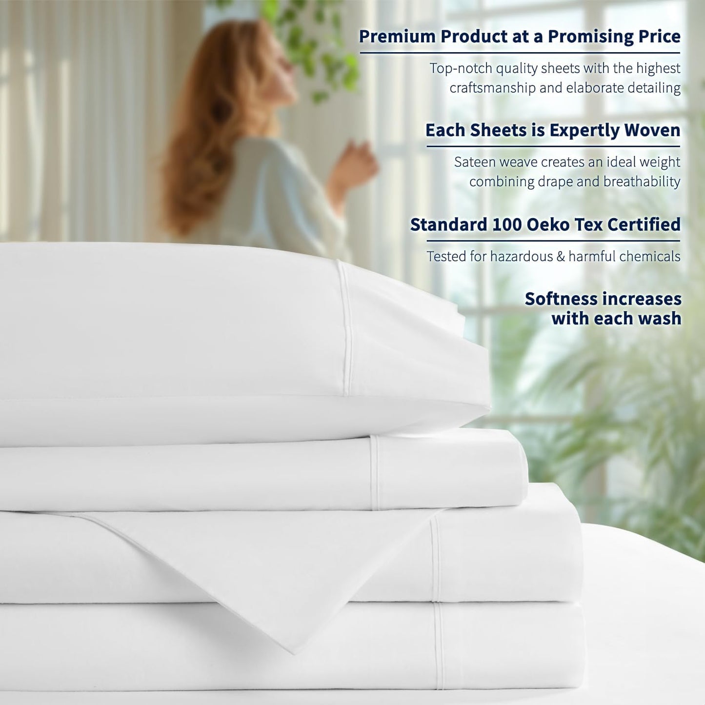 Shilucheng 100% Cotton Queen Size Sheets Set - 600 Thread Count,Luxury Egyptian Cotton Bed Sheets,5-Star Hotel Quality Sheets, Breathable & Cooling, 16 Inch Deep Pocket - 4 Piece (White, Queen)