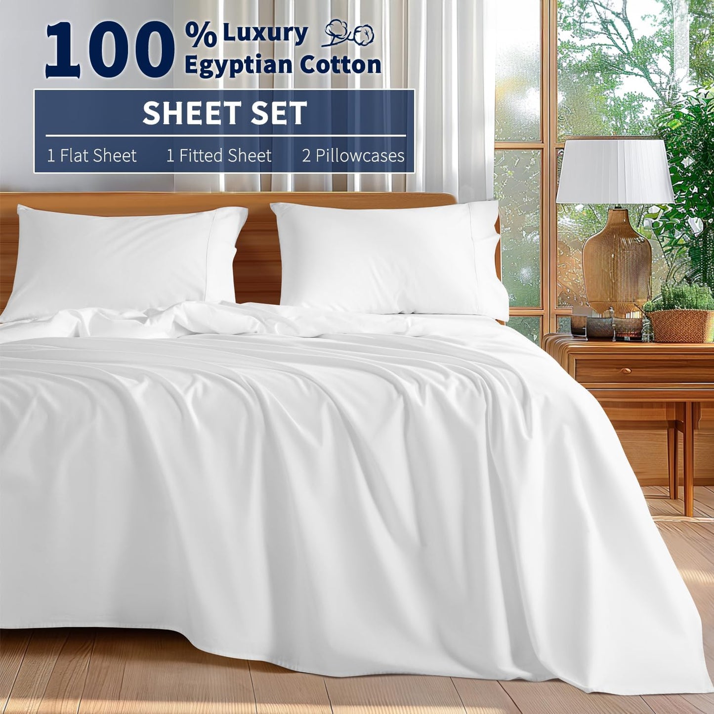 Shilucheng 100% Cotton Queen Size Sheets Set - 600 Thread Count,Luxury Egyptian Cotton Bed Sheets,5-Star Hotel Quality Sheets, Breathable & Cooling, 16 Inch Deep Pocket - 4 Piece (White, Queen)
