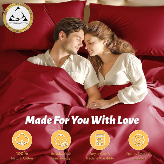 Shilucheng 100% Egyptian Cotton Sheets Set，Luxury Cotton Bed Sheets，Breathable Bedding and Pillow Cases, 16 Inch Deep Pocket - 4 Piece (Burgundy, King)
