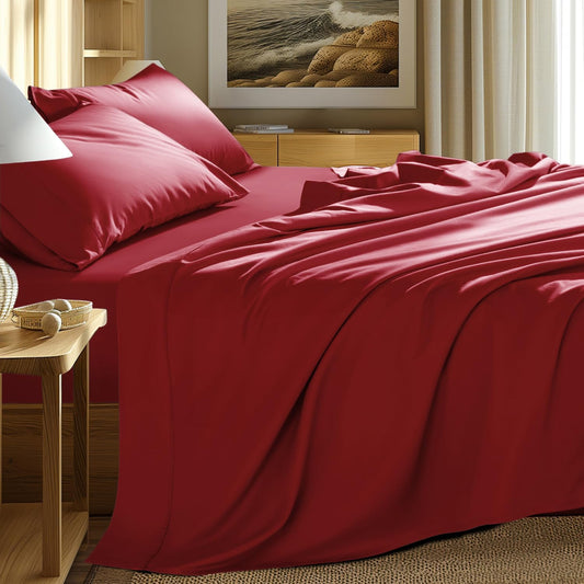 Shilucheng 100% Egyptian Cotton Sheets Set，Luxury Cotton Bed Sheets，Breathable Bedding and Pillow Cases, 16 Inch Deep Pocket - 4 Piece (Burgundy, King)